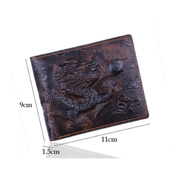 Dragon Engraved Genuine Leather Bifold Mens Wallet - Picture 3 of 8